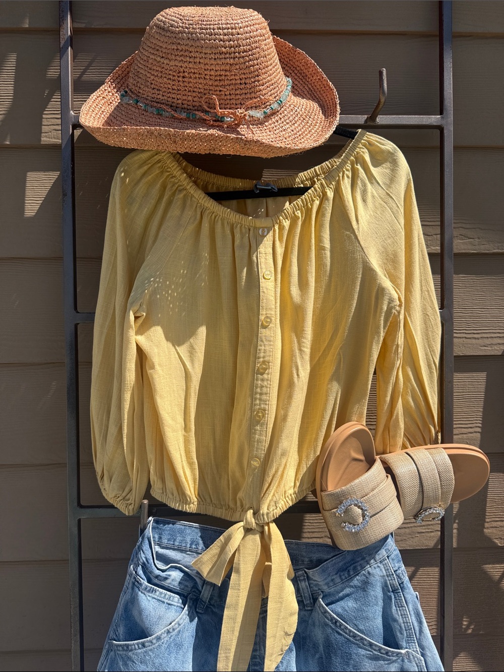 CeCe New linen balloon skeeved Yellow Button-Front Tie-Hem Peasant Blouse M